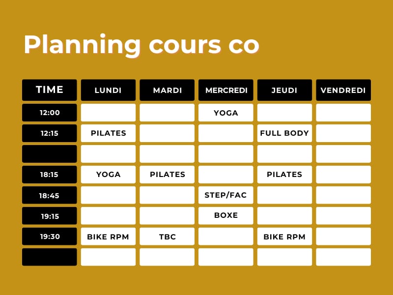 Tableau du planning des cours collectifs de fitness. Horaires du lundi au vendredi : Pilates, Yoga, Boxe, Full Body, Bike RPM.