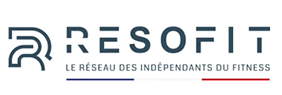 Logo RESOFIT avec un R stylisé. Texte principal 'RESOFIT' et sous-titre 'LE RÉSEAU DES INDÉPENDANTS DU FITNESS', accompagné des couleurs du drapeau français.