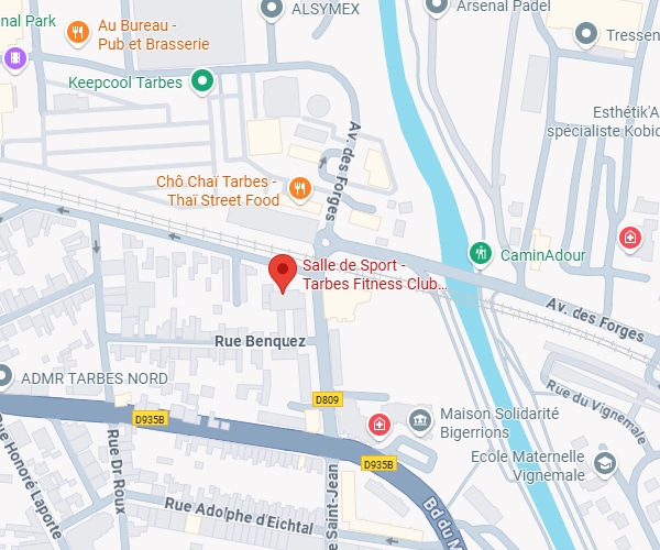 Carte de Tarbes indiquant la Salle de Sport - Tarbes Fitness Club, située près de la Rue Benquez et Av. des Forges.